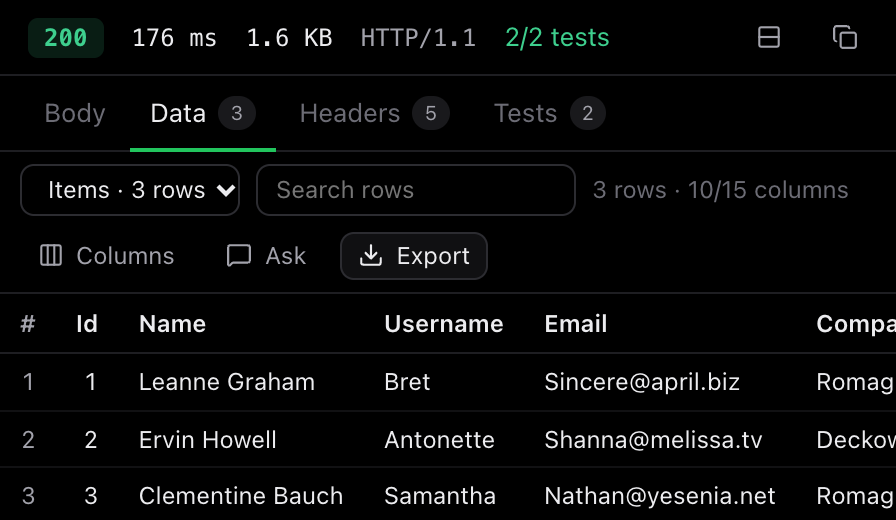 The Data tab showing three users as a table, with Columns and Export buttons