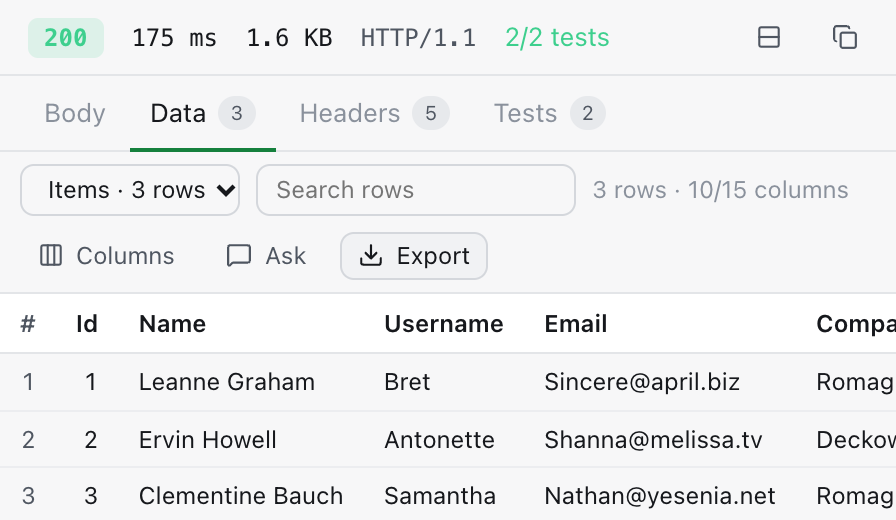 The Data tab showing three users as a table, with Columns and Export buttons