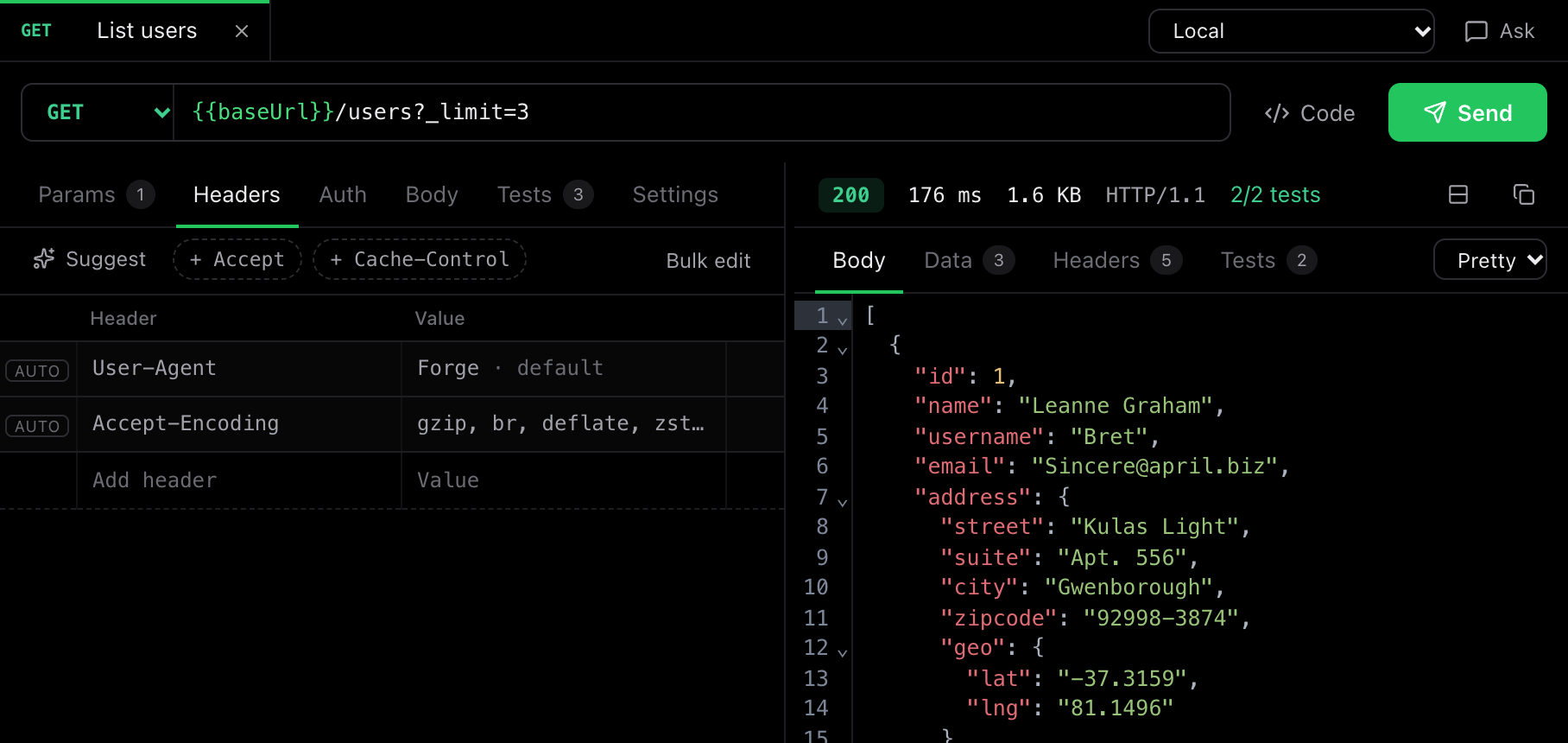 Forge showing a GET request with its headers on the left and the JSON response on the right