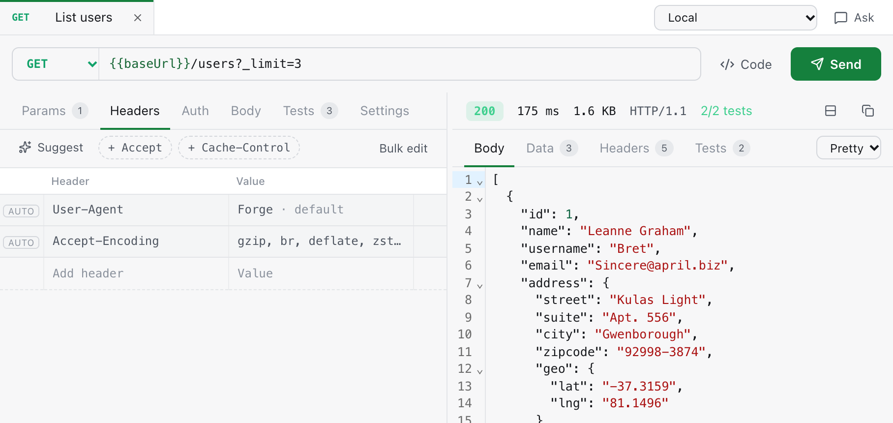 Forge showing a GET request with its headers on the left and the JSON response on the right